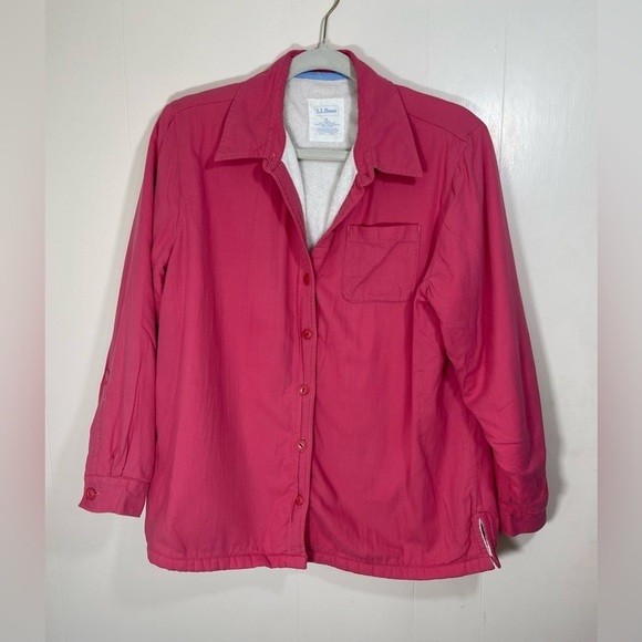 L.L. Bean Pink Cotton Long Sleeve Collared Button Down Fleece Lined Jacket Sz S - Picture 1 of 13